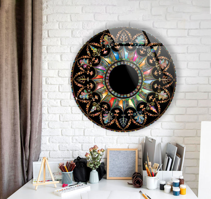 Black Mandala Round Glass Wall Art glass pictures for Wall, glass prints wall art
