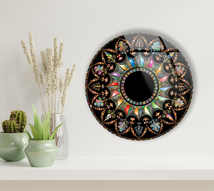 Black Mandala Round Glass Wall Art glass image printing, glass prints from photos
