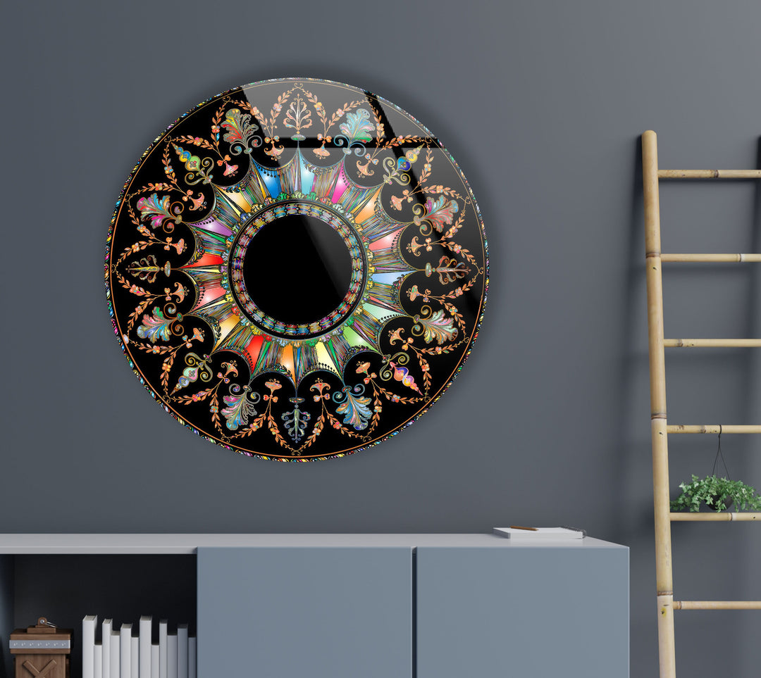 Black Mandala Round Glass Wall Art glass photo prints, glass picture prints
