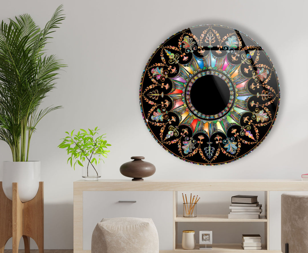 Black Mandala Round Glass Wall Art Glass Printing Wall Art, Print photos on glass
