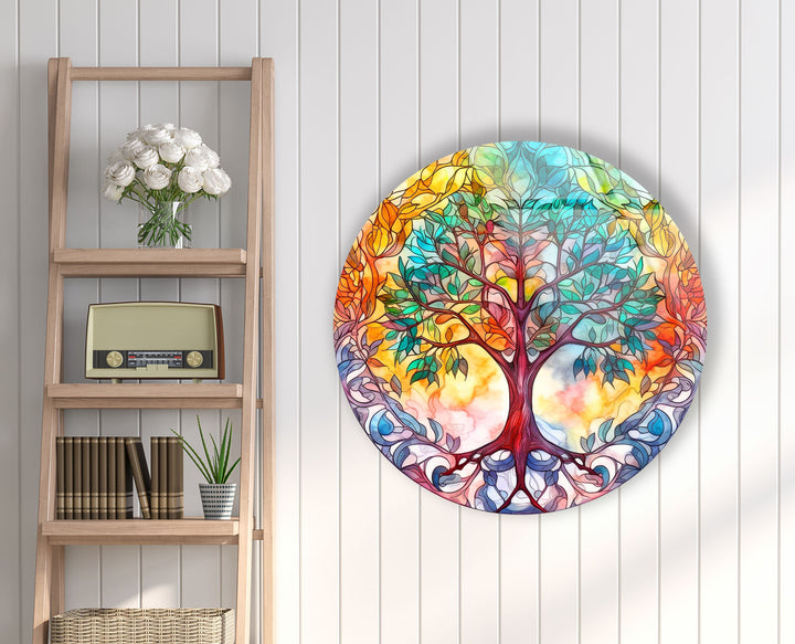 Colorful Tree Mandala Round Glass Wall Art large glass photo prints, glass wall photos