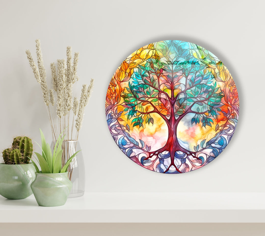 Colorful Tree Mandala Round Glass Wall Art picture on glass wall art, photos printed on glass