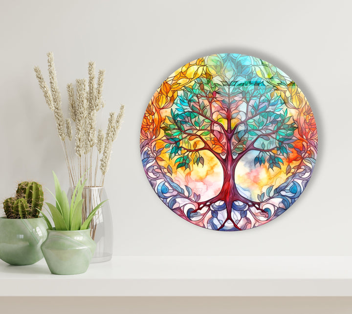 Colorful Tree Mandala Round Glass Wall Art picture on glass wall art, photos printed on glass