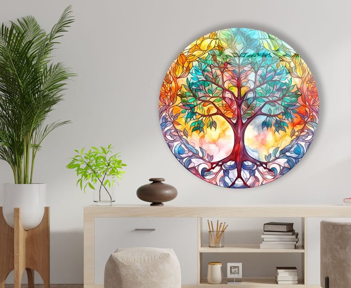 Colorful Tree Mandala Round Glass Wall Art print on glass, glass printed photos