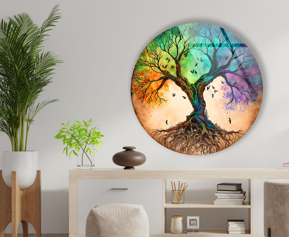 Colorful Life Of Tree Round Glass Wall Art stained glass wall art, stained glass wall decor
