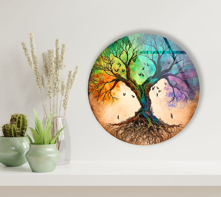 Colorful Life Of Tree Round Glass Wall Art glass photo prints, glass picture prints
