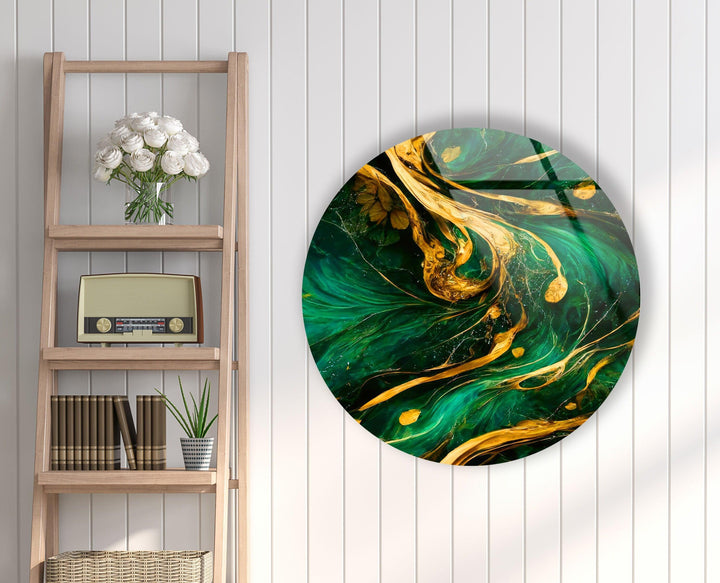 Green & Gold Abstract Round Glass Wall Art glass art painting, glass art for the Wall
