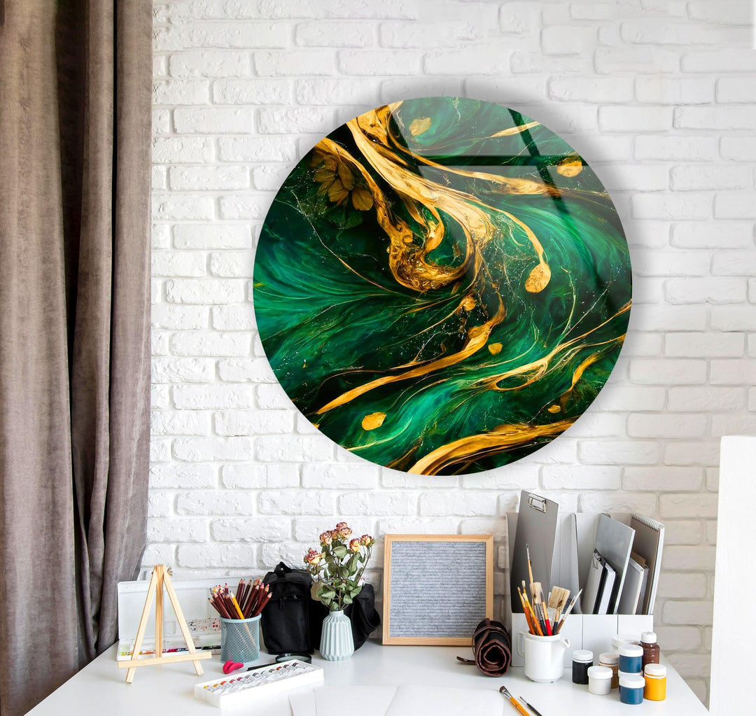 Green & Gold Abstract Round Glass Wall Art Glass Printing Wall Art, Print photos on glass
