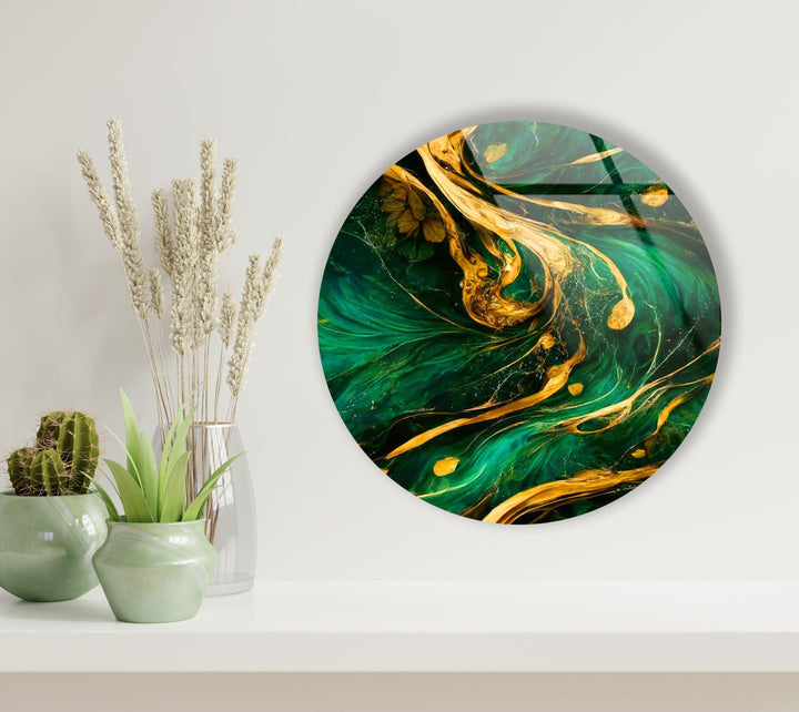 Green & Gold Abstract Round Glass Wall Art glass photo prints, glass picture prints
