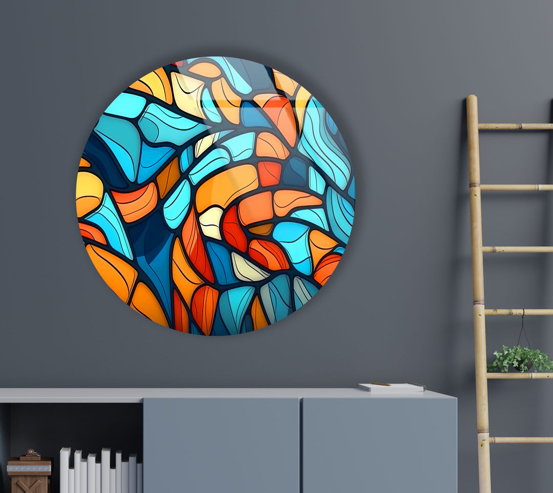 Blue & Orange Mosaic Round Glass Wall Art custom glass pictures, glass art prints
