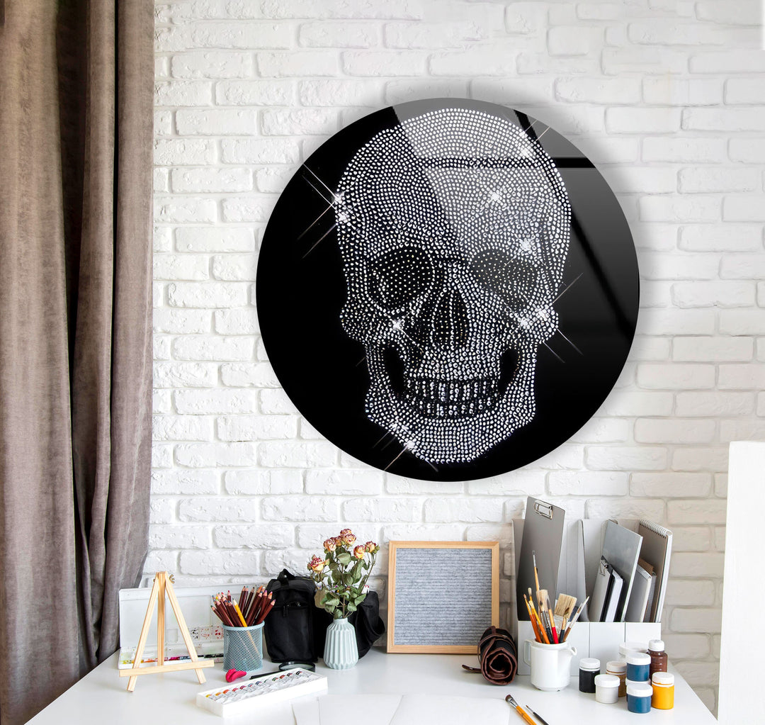 Stained Round Shiny Skull Glass Wall Art glass pictures for Wall, glass prints wall art
