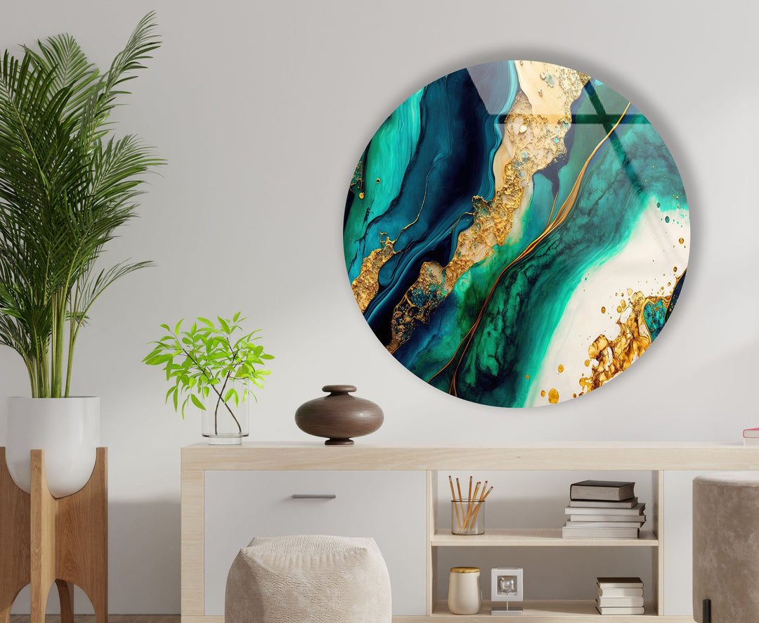 Green & Gold Marble Round Glass Wall Art print on glass, glass printed photos
