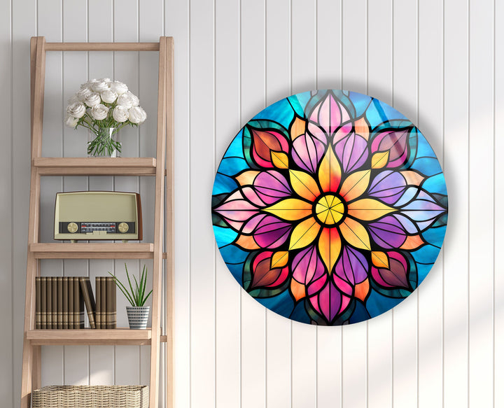 Stained Yellow & Purple Round Glass Wall Art glass art painting, glass art for the Wall
