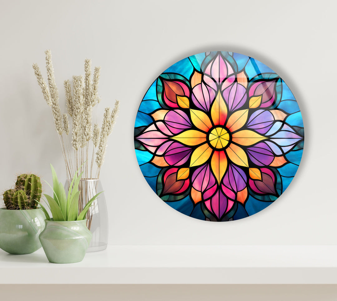 Stained Yellow & Purple Round Glass Wall Art Glass Printing Wall Art, Print photos on glass
