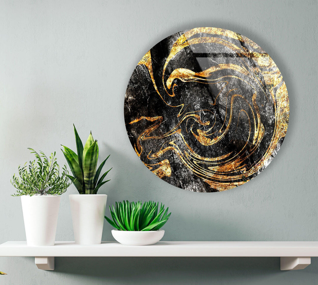 Golden Details Black Abstract Round Glass Wall Art glass art painting, glass art for the Wall
