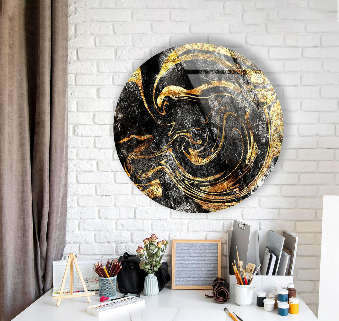 Golden Details Black Abstract Round Glass Wall Art glass photo prints, glass picture prints
