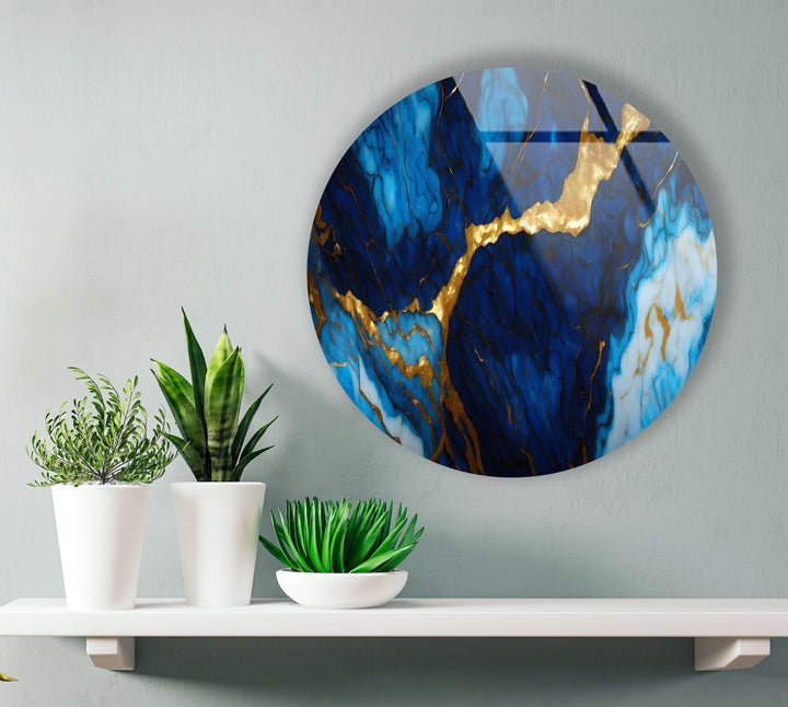 Dark Blue & Gold Marble Round Glass Wall Art print on glass, glass printed photos
