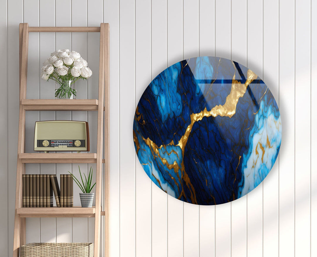 Dark Blue & Gold Marble Round Glass Wall Art print picture on glass, Tempered Glass Wall Art
