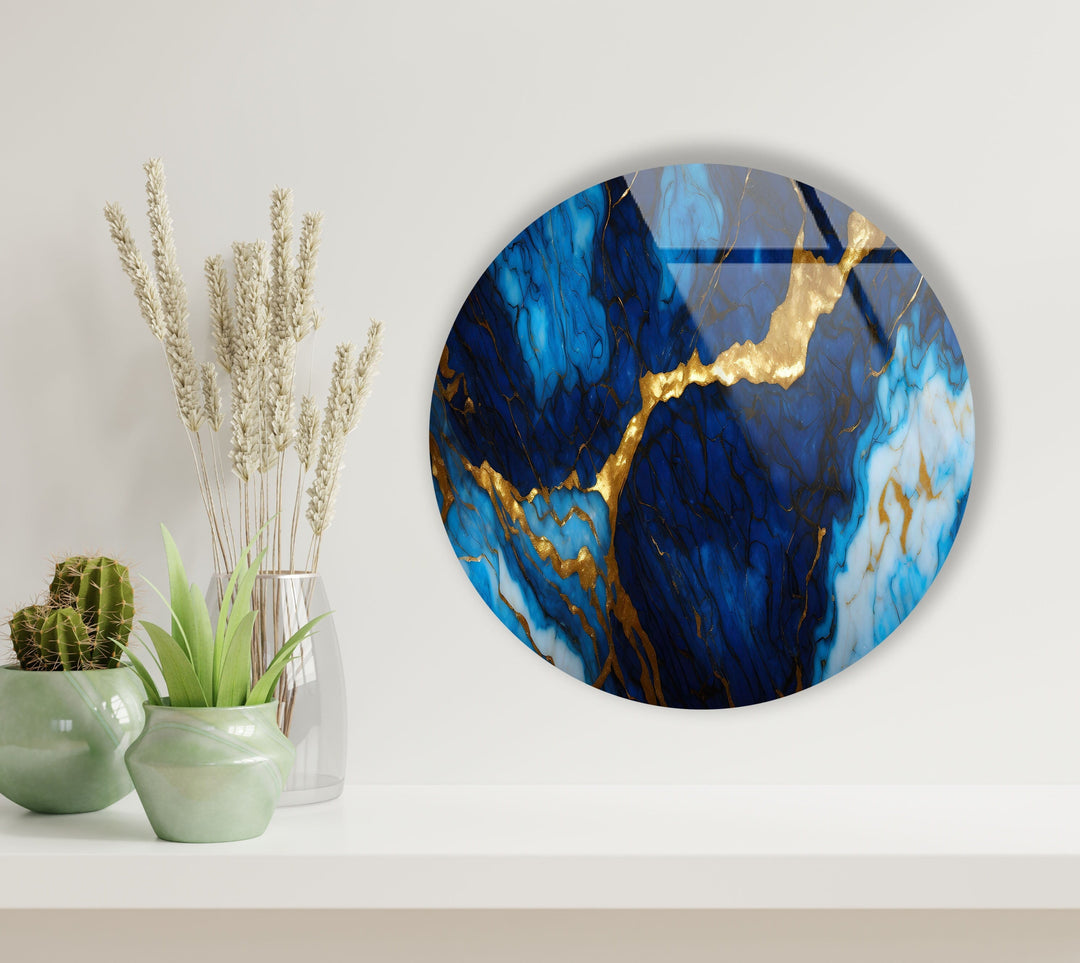 Dark Blue & Gold Marble Round Glass Wall Art stained glass wall art, stained glass wall decor
