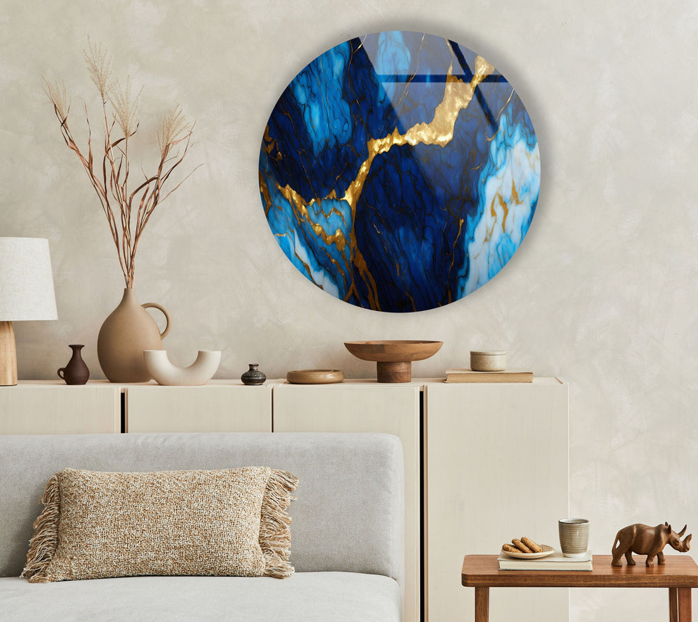 Dark Blue & Gold Marble Round Glass Wall Art custom glass photo prints, large glass prints
