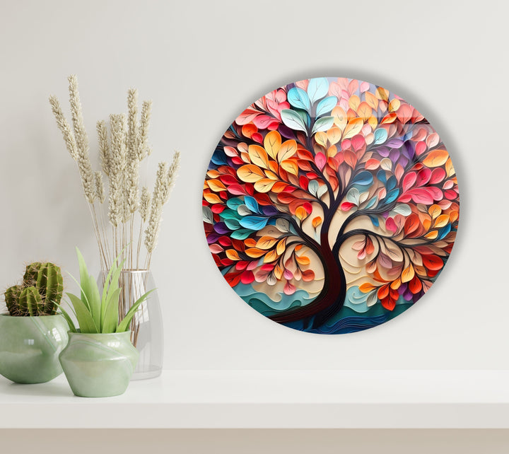 Life of Tree Round Pink Glass Wall Art picture on glass wall art, photos printed on glass
