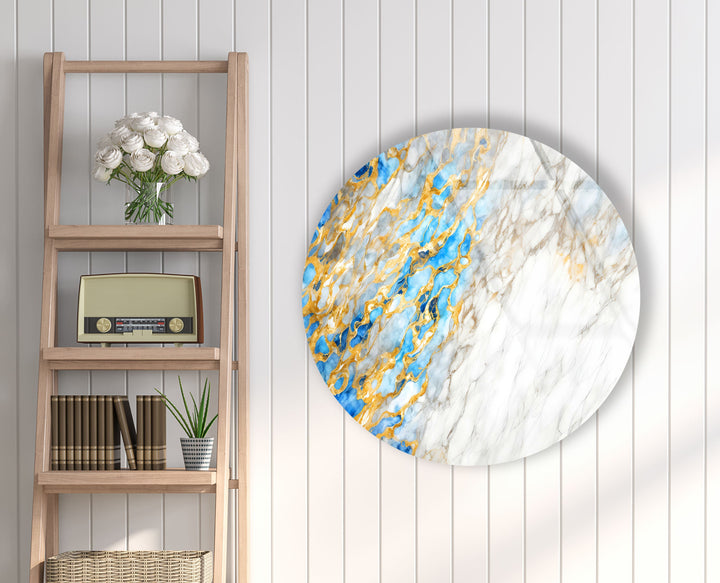 Golden & White Marble Round Glass Wall Art print on glass, glass printed photos
