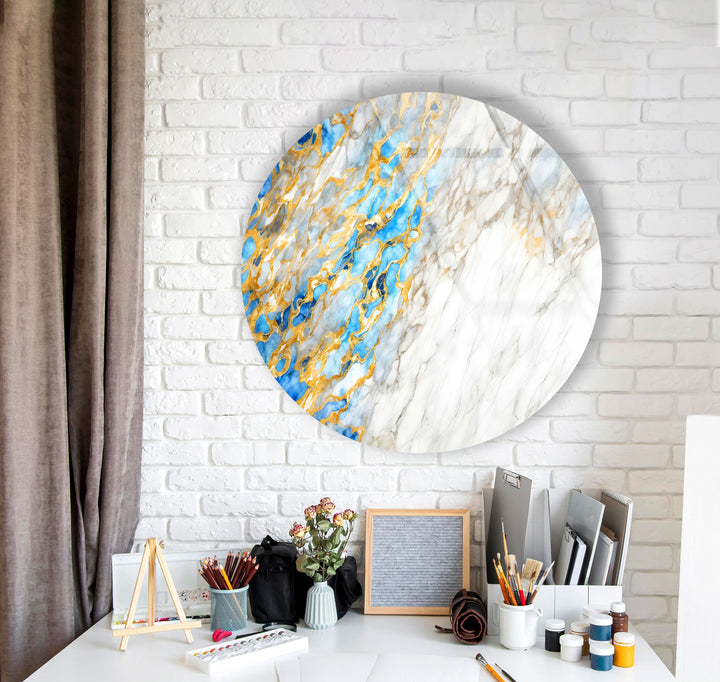 Golden & White Marble Round Glass Wall Art print picture on glass, Tempered Glass Wall Art
