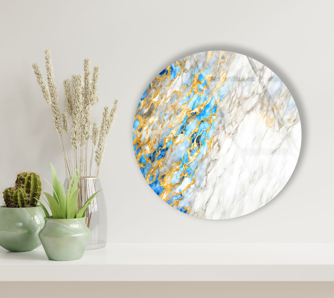 Golden & White Marble Round Glass Wall Art glass wall decor, glass wall art decor
