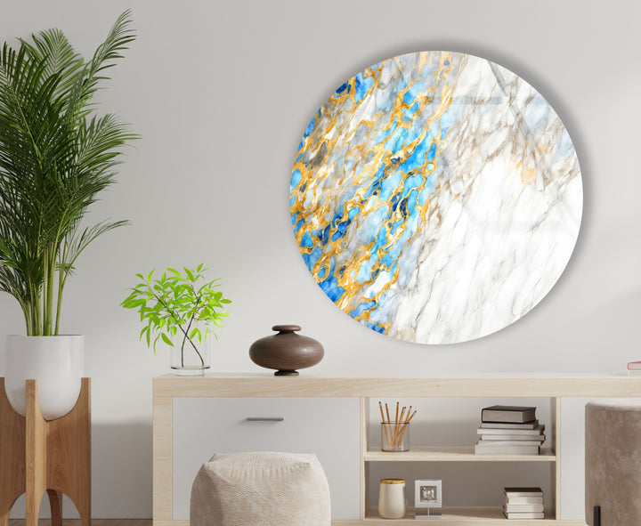 Golden & White Marble Round Glass Wall Art glass art painting, glass art for the Wall
