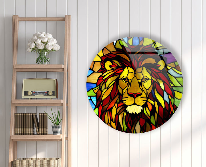 Stained Yellow Lion Round Glass Wall Art custom glass pictures, glass art prints
