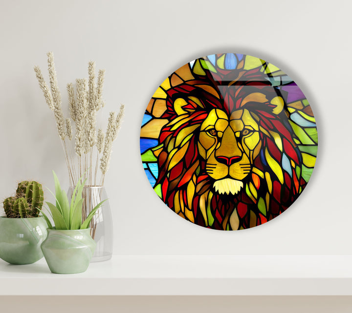 Stained Yellow Lion Round Glass Wall Art large glass photo prints, glass wall photos
