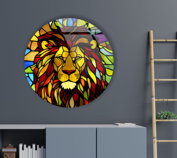 Stained Yellow Lion Round Glass Wall Art custom glass photo prints, large glass prints
