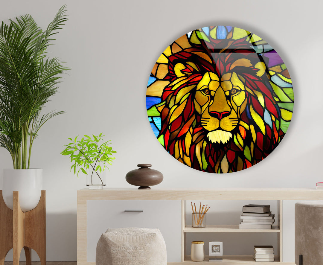 Stained Yellow Lion Round Glass Wall Art glass pictures for Wall, glass prints wall art
