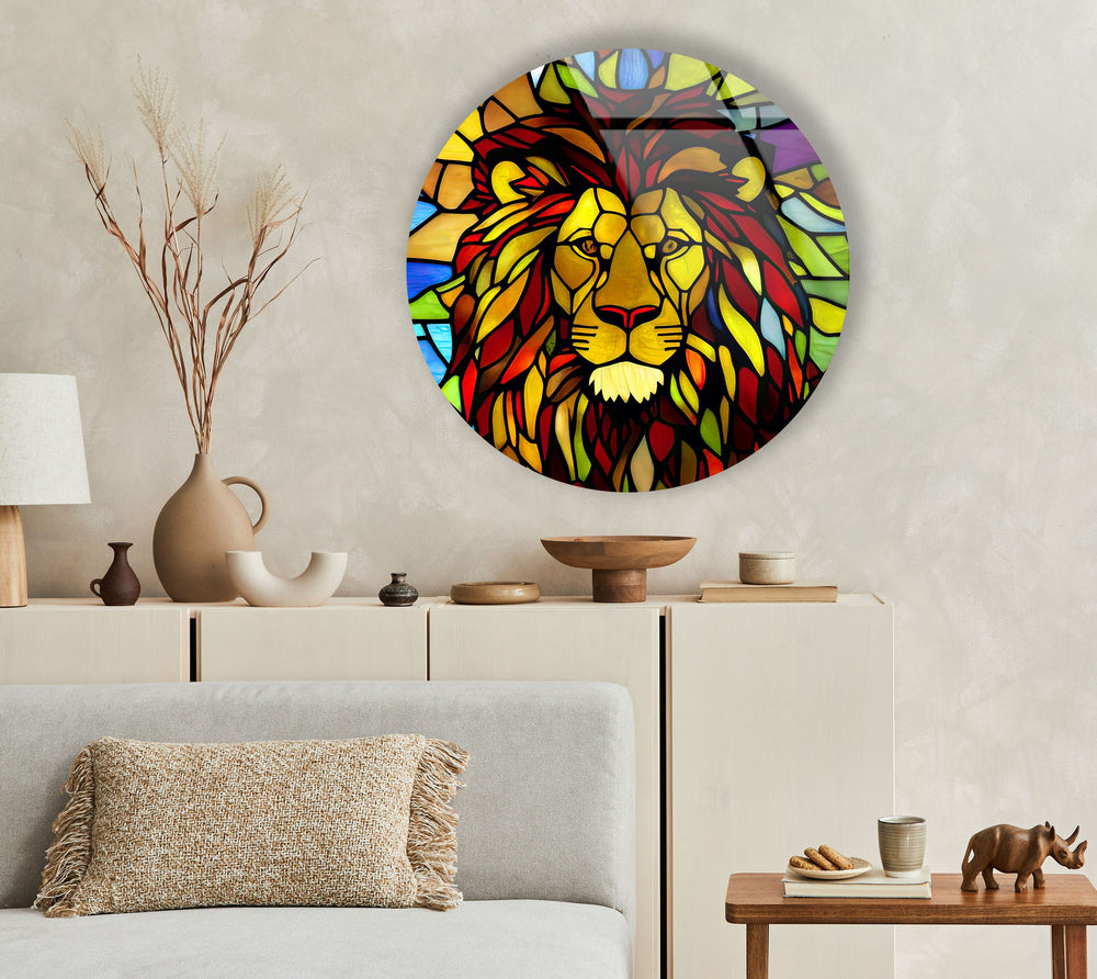 Stained Yellow Lion Round Glass Wall Art glass photo prints, glass picture prints
