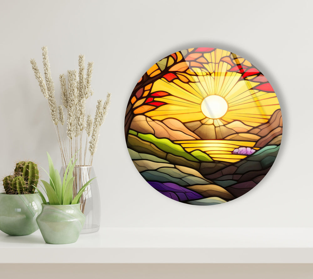 Sunrise Stained Round Glass Wall Art glass wall decor, glass wall art decor