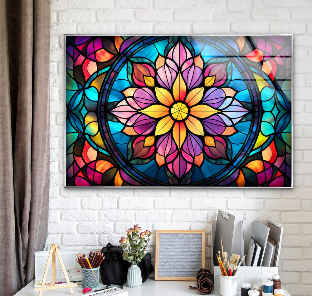 Stained Colored Flowers Glass Wall Art print picture on glass, Tempered Glass Wall Art