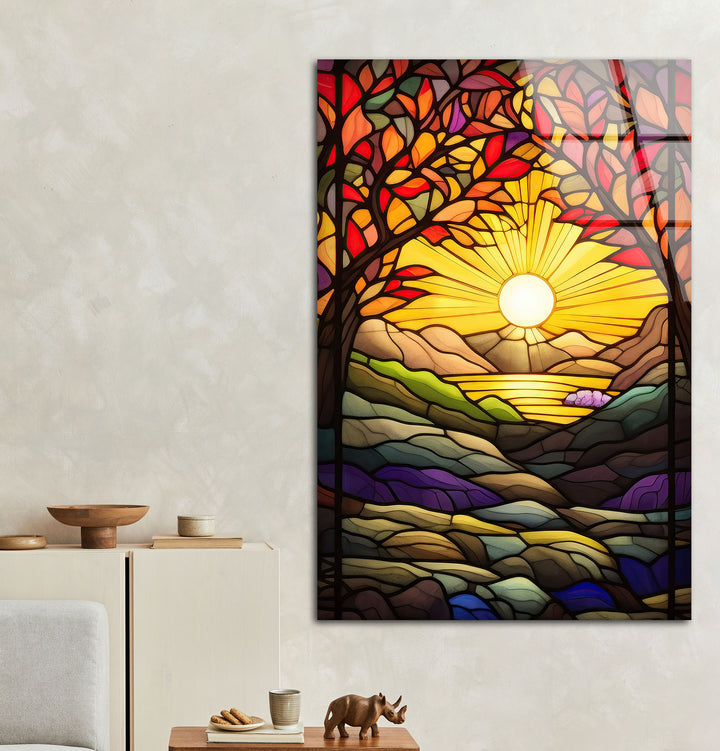 Stained Yellow Sunset Glass Wall Art print picture on glass, Tempered Glass Wall Art