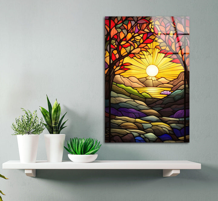 Stained Yellow Sunset Glass Wall Art stained glass wall art, stained glass wall decor