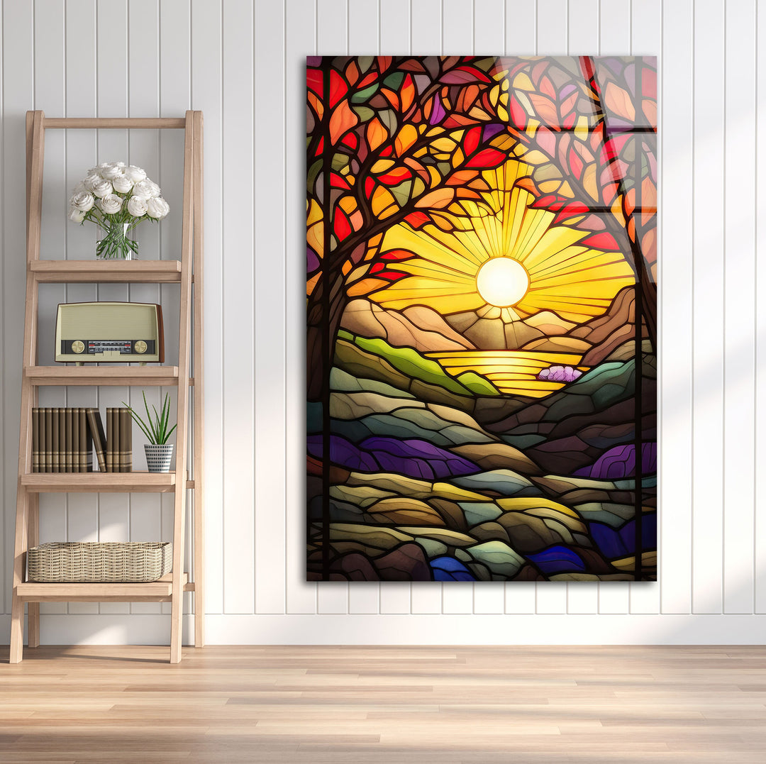 Stained Yellow Sunset Glass Wall Art picture on glass wall art, photos printed on glass