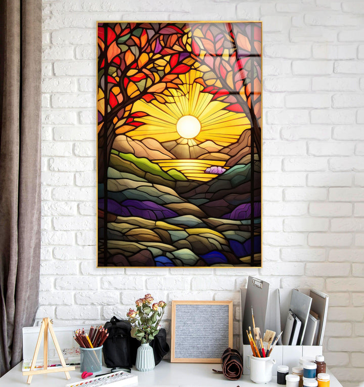 Stained Yellow Sunset Glass Wall Art glass art painting, glass art for the Wall