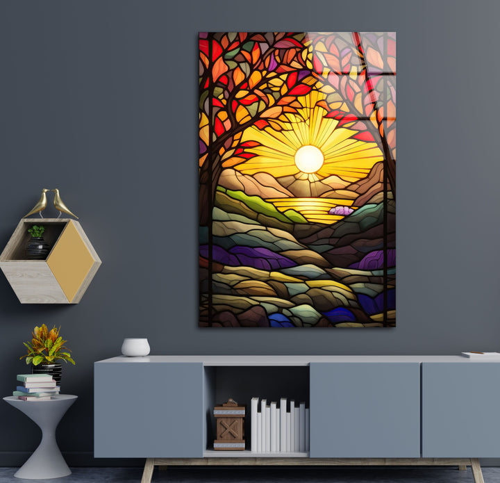 Stained Yellow Sunset Glass Wall Art glass wall decor, glass wall art decor