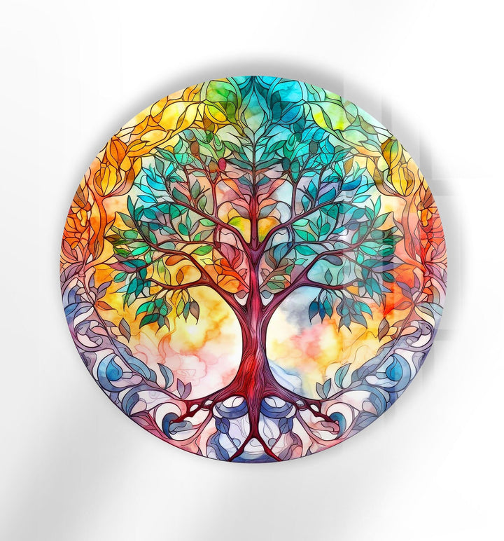 Colorful Tree Mandala Round Glass Wall Art glass pictures for Wall, glass prints wall art