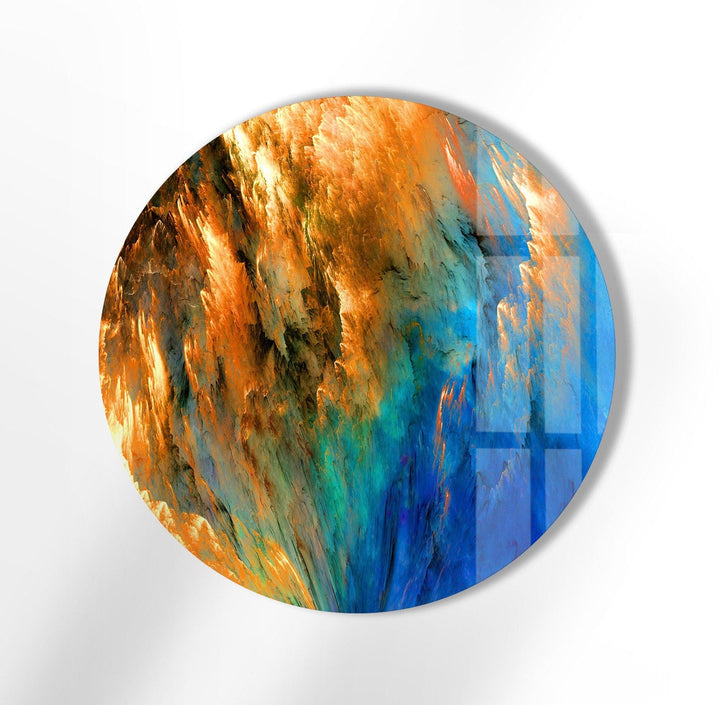 Blue & Orange Abstract Round Glass Wall Art glass art painting, glass art for the Wall
