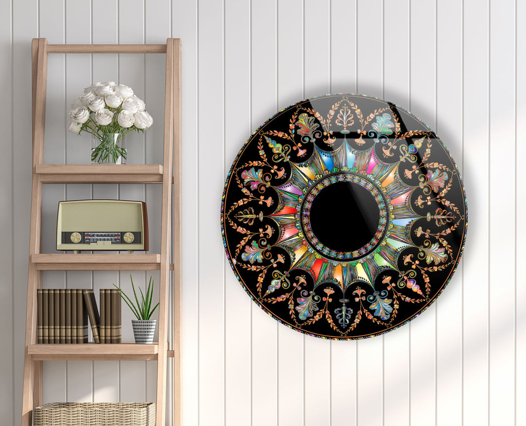 Black Mandala Round Glass Wall Art photo print on glass, prints on glass wall art
