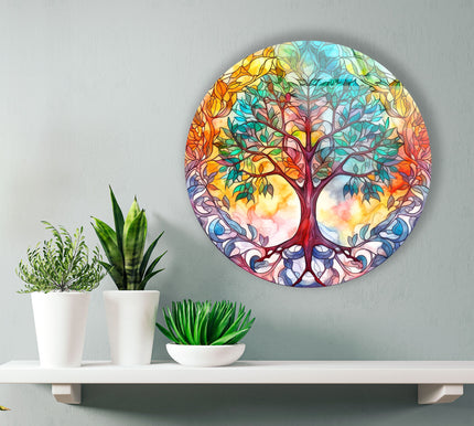 Colorful Tree Mandala Round Glass Wall Art