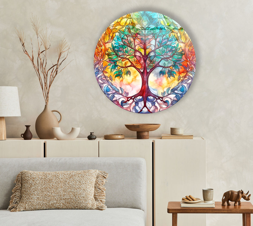 Colorful Tree Mandala Round Glass Wall Art custom glass pictures, glass art prints