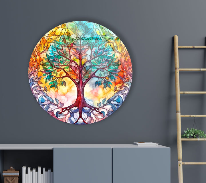 Colorful Tree Mandala Round Glass Wall Art photo print on glass, prints on glass wall art