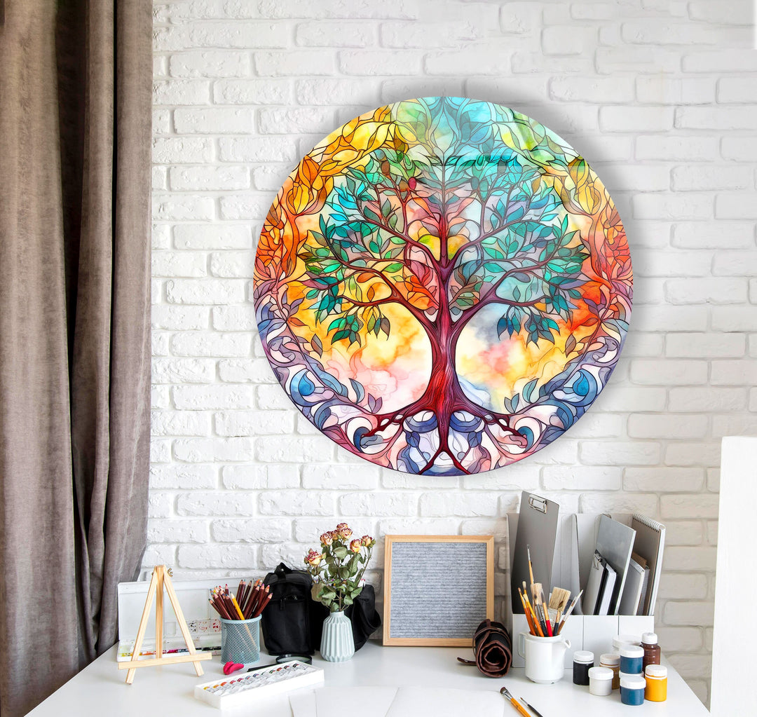 Colorful Tree Mandala Round Glass Wall Art custom glass photo prints, large glass prints