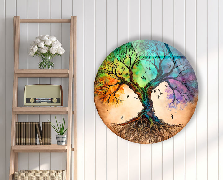 Colorful Life Of Tree Round Glass Wall Art Colorful Life Of Tree Round Glass Wall Art