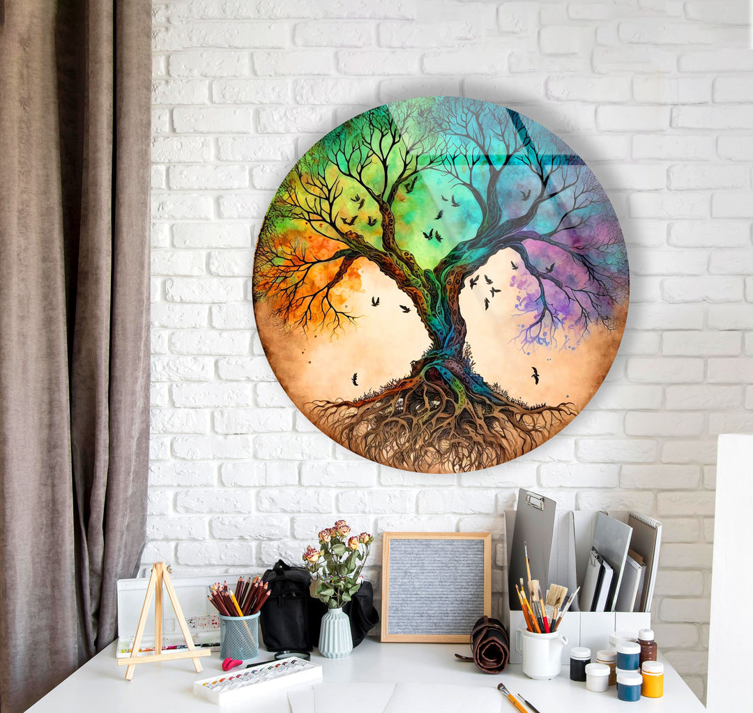 Colorful Life Of Tree Round Glass Wall Art glass image printing, glass prints from photos
